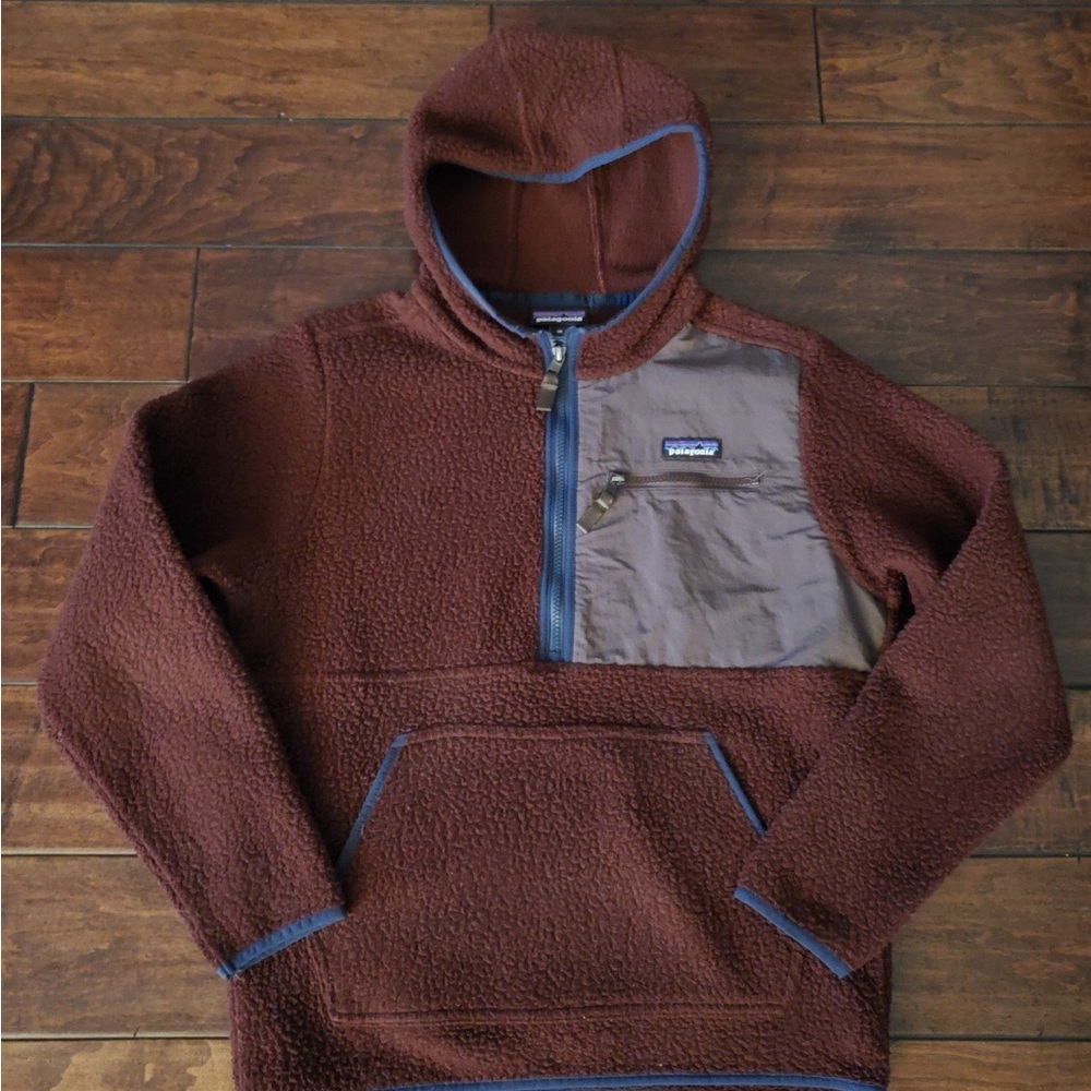 Patagonia Hooded Retro Pile Pullover with Blue Trim